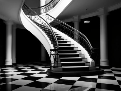 Black And White Staircase With Chandelier Stock Photo