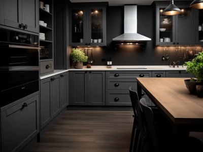 Black And Wood Kitchen With Wood Floors And Black Cabinets