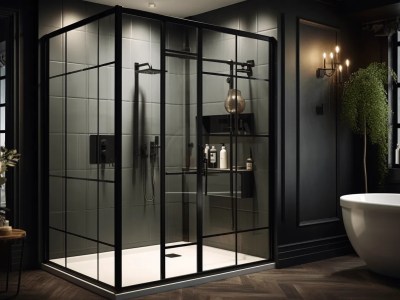 Black Bathroom With Black Tile And Glass Door