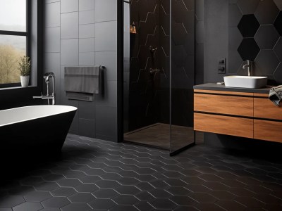 Black Bathroom With Tile Flooring And Black Tub