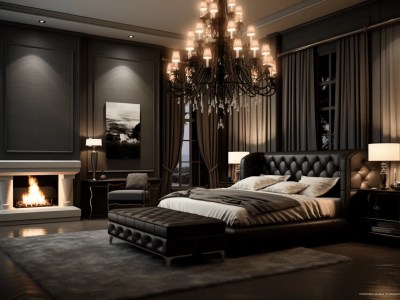 Black Bedroom With A Fireplace And A Chandelier