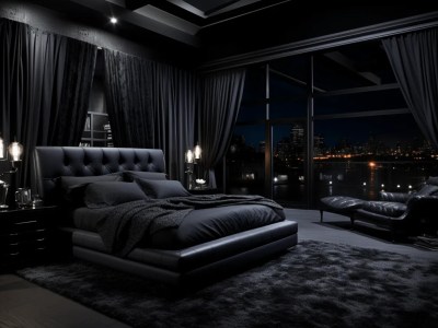 Black Bedroom With Large Windows And A Large Bed