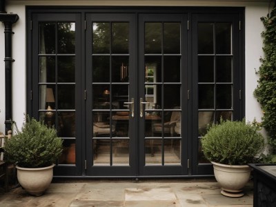 Black Bifold Garden Doors Of A Patio Have Potted Plants In Them