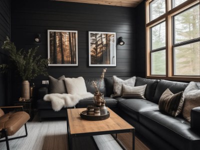 Black Cabin Living Room With A Leather Couch, Coffee Table And Large Windows