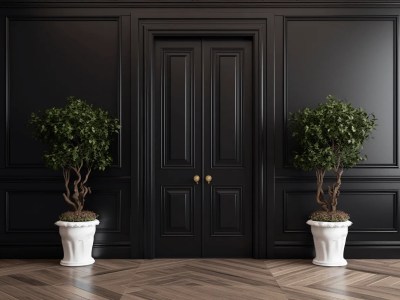 Black Door With Two Potted Plants, Black Wall And Black Door