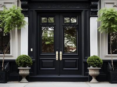 Black Entry Door With Potted Plants