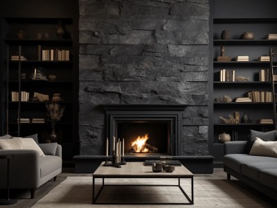 Black Fireplace In Living Room With Bookshelves Next To It