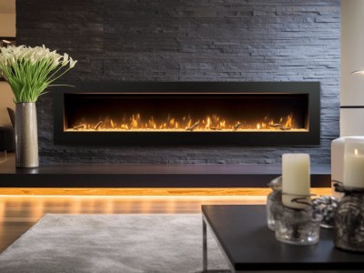 Black Fireplace With A Modern Stone Wall