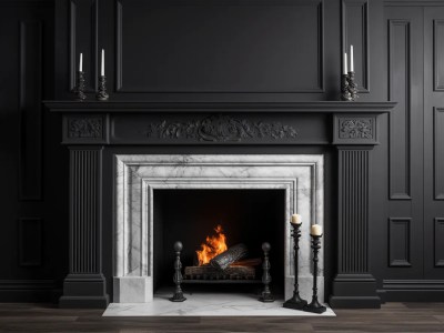 Black Fireplace With Marble Mantel And Candles 3D Render