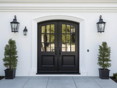 Black Front Door Entry Door And Planters On The Side