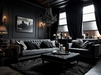 Black Living Room With Black Couches And A Chandelier