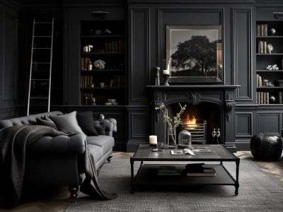 Black Living Room With Fireplace