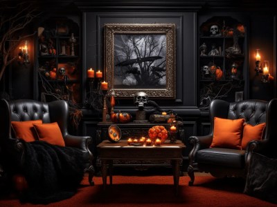 Black Living Room With Orange Candles And Pumpkins