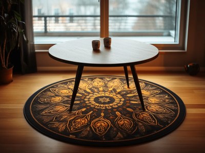 Black Mandala Rug In Front Of A Table In The Room