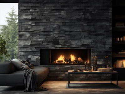 Black Modern Couch In Front Of A Stone Fireplace