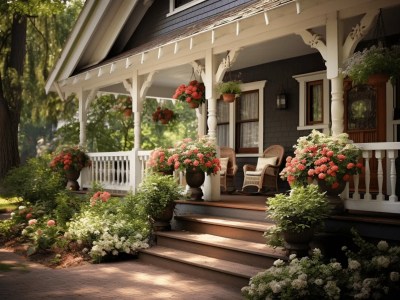 Black Porch With Flowers In Pots, An Old Porch With Front Steps, And A Porch