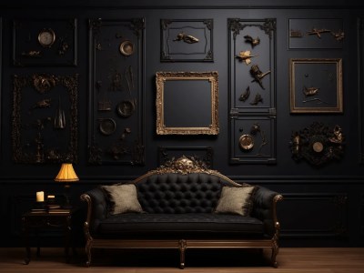 Black Room With Gold Furniture And Decorative Frames