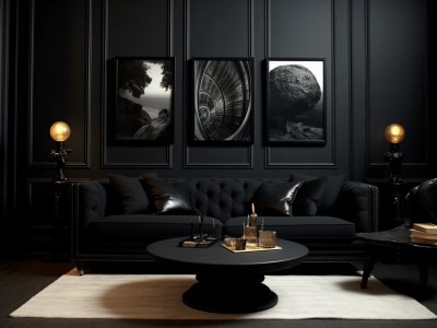 Black Sofa In A Living Room With Black Walls And Black Furniture