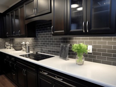 Black Tile Kitchen Sink And Black Cabinets