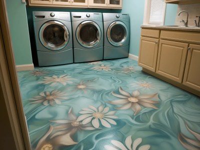 Blue And Flowery Floor That Has Washers And Dryers