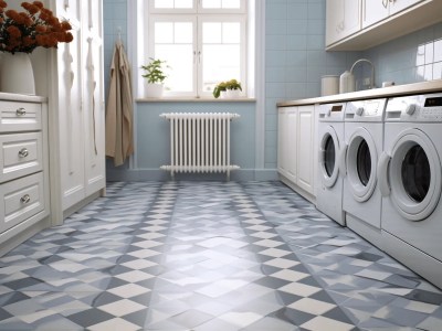 Blue And White Floor Tiles In A Laundry Room