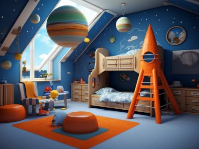 Blue Bedroom Has A Rocket And Other Toys