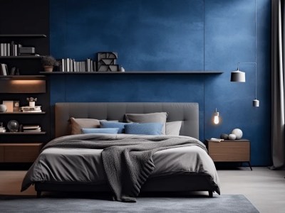 Blue Bedroom With A Gray Bed And Shelves