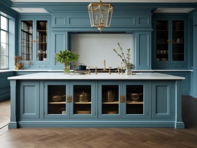 Blue Cabinets With Gold Accents In Traditional Kitchen