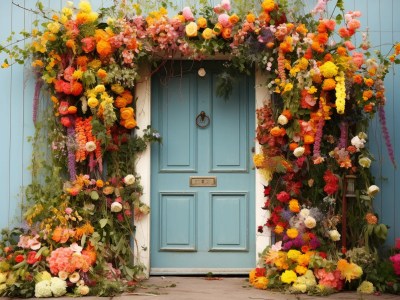 Blue Door Has A Bunch Of Flowers Hanging From It