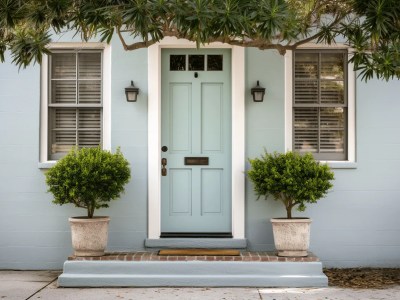 Blue Door Sits On A Home With A Potted Plant In Front