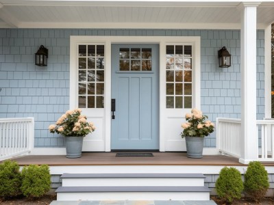 Blue Front Door With White Trim And Potted Flowers