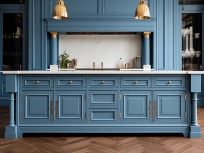 Blue Kitchen Has Lots Of Gold Detailing