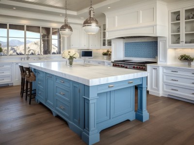 Blue Kitchen With A White Island