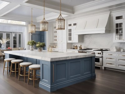 Blue Kitchen With Large White Island