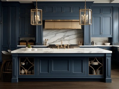 Blue Kitchen With Marble Countertops And Gold Lighting