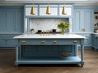 Blue Kitchen With Wooden Floor And Gold Cabinets