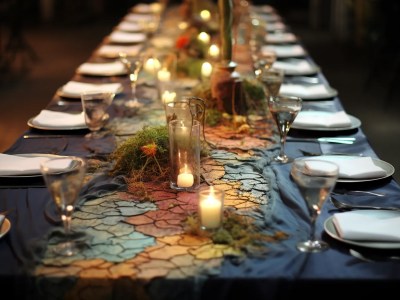 Blue Tablecloth With Candle Sticks And Place Settings