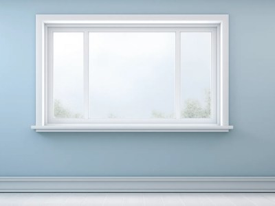 Blue Wall, Blue Floor And White Window With A Cloud And Sky Stock Photo