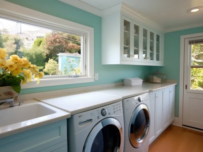 Blue Walls With A Washer And Dryer With Windows