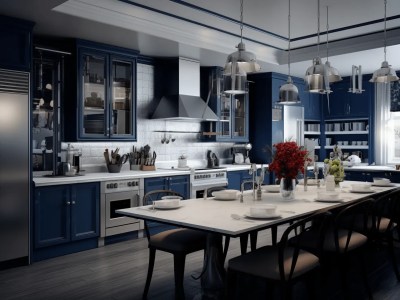 Bluehued Kitchen With A White Table And Chairs