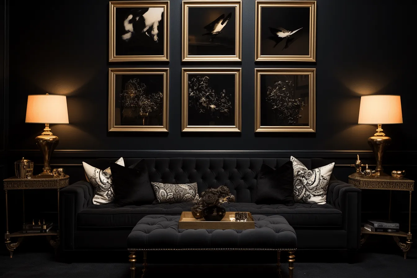 Black sofa with gold frames on the walls, realistic still lifes with dramatic lighting, monochromatic portraits, vignetting, avian-themed, subtle lighting, dark navy and white, intricate embellishments