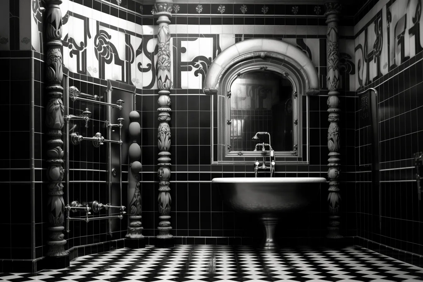 Black and white image of an ornate bathroom with checkerboard tiles, quirky imagination, secessionist style, national geographic photo, high quality photo