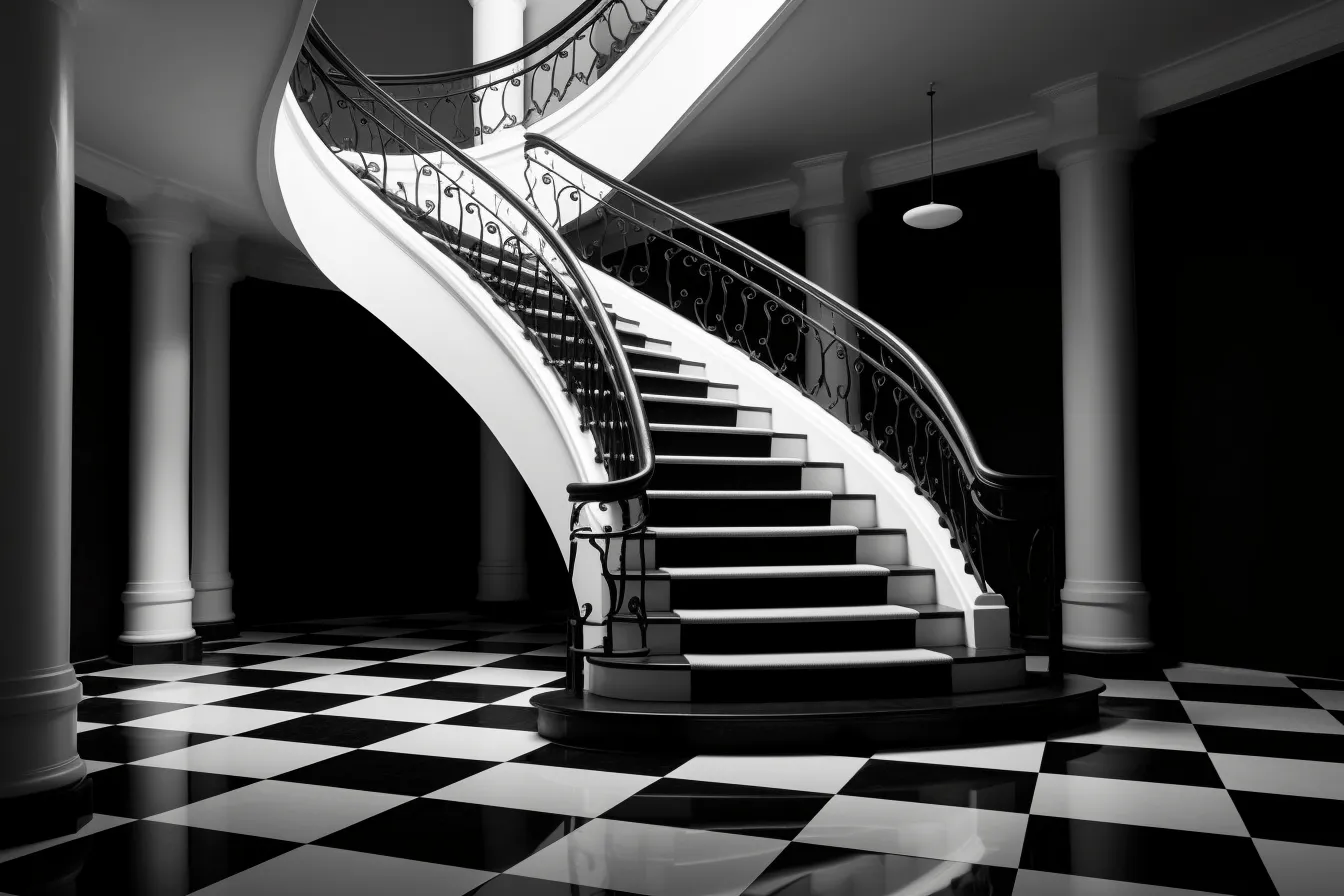 Black and white staircase with chandelier stock photo, daz3d, rounded, classic