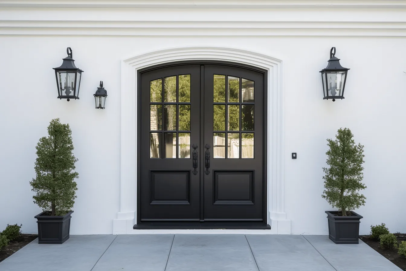 Black door and chilean style on the house, neoclassical symmetry, white background, arched doorways, light-filled, contemporary elegance, bold traditional