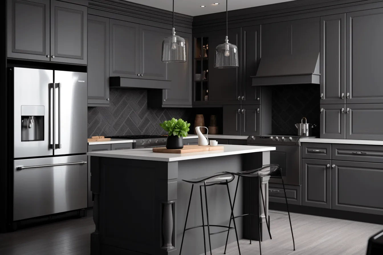 Gray kitchen cabinets with accent chairs, gothic dark and moody tones, 8k 3d, monochromatic compositions, colorized, dark black and silver, tenwave, accurate and detailed