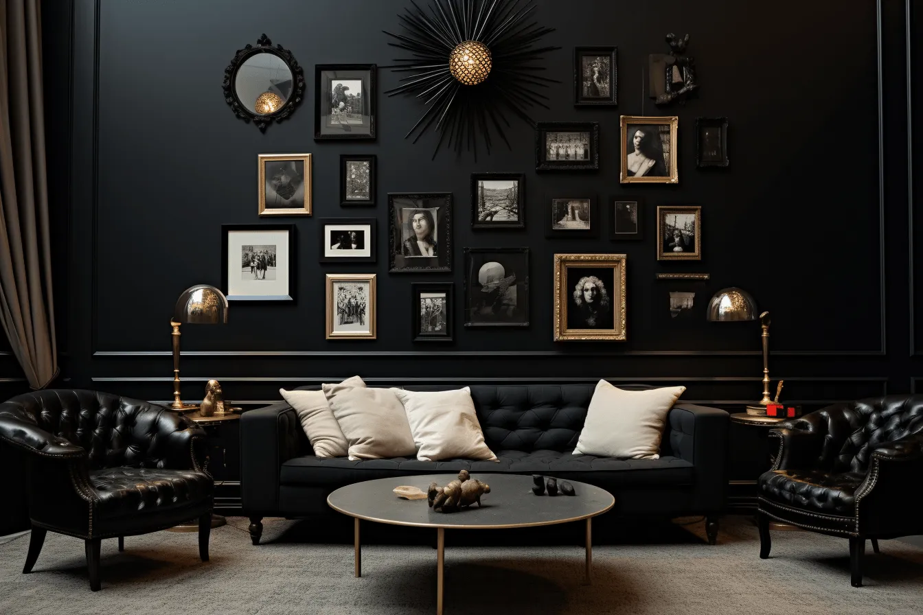 Black living room with gold frames around the walls interior, dadaist photomontage, found-object-centric, monochromatic tones, vintage inspired, dark whimsy, bold black and whites, handcrafted designs