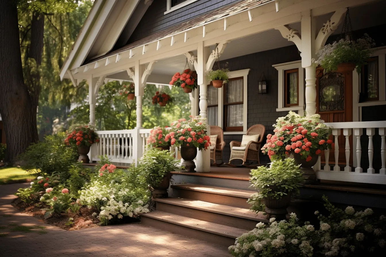 Porches designs and porches ideas, small front porch ideas photo, hasselblad h6d-400c, romanticized landscapes, photorealistic compositions, detailed, layered compositions, dark gray and bronze, delicate flowers, 32k uhd