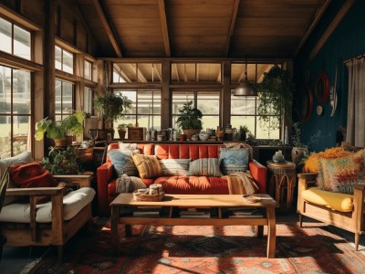 Boho Living Room Design Featuring Red Couches, Plants And A Sunroom