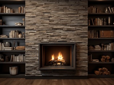 Bookcase And Fireplace In Front Of A Stone Wall