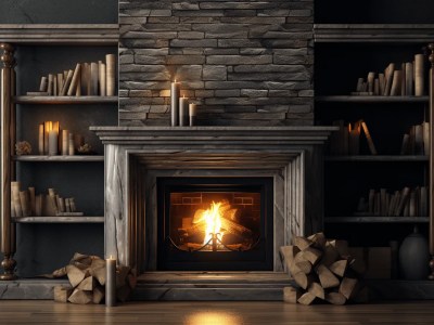 Bookcase In Front Of Stone Fireplace With Candles